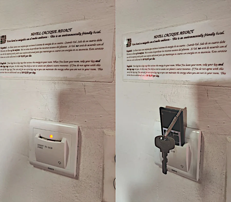 La energía de lso cuartos se activa instantánemente al insertar el rótulo del llavero en la bolsa en la pared junto a la puerta.